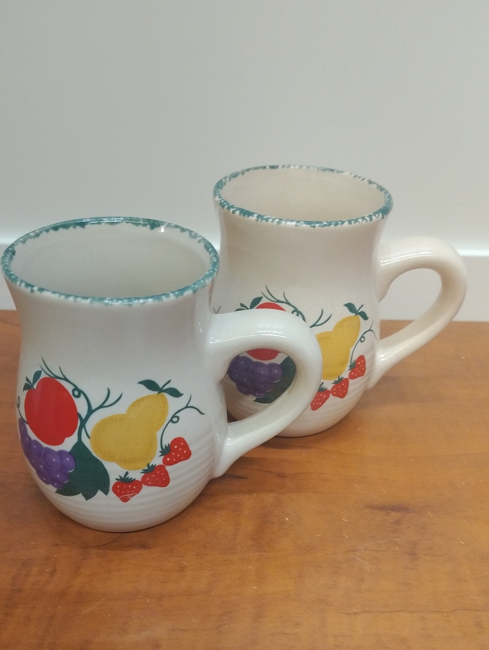 Set Of 2 Vintage Mugs With Fruit Design & Green Spongeware Rim - 8 Ounces